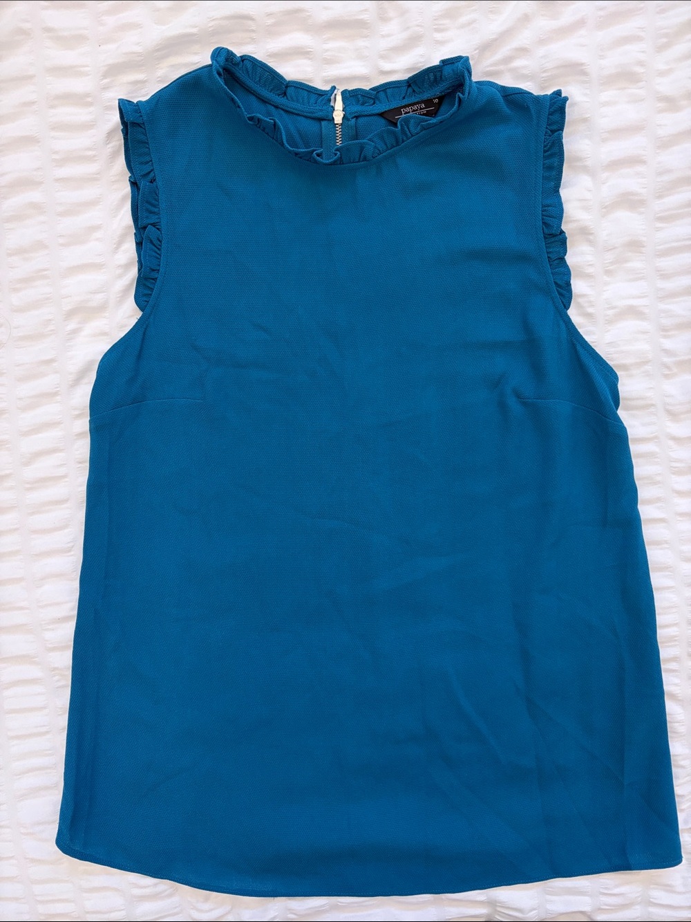 Papaya Teal Sleeveless Ruffle Neck Blouse. Zip Back. Wear Dressy or Casual. GUC